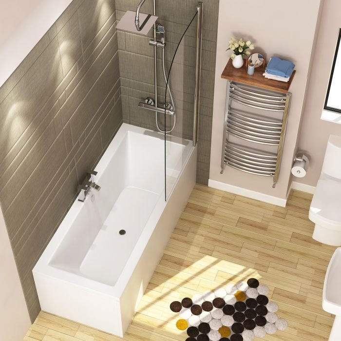 Amaze Square Double Ended Shower Bath 1700 X 700mm Acrylic + Shower Bath Screen